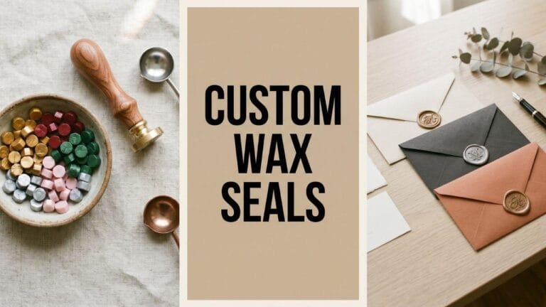 A wide lifestyle blog banner showing wax seal supplies on the left, beautifully sealed envelopes on the right, and a beige text box reading CUSTOM WAX SEALS.