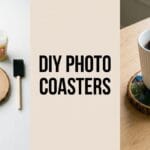 A wide 16:9 lifestyle blog banner showing raw wood slices and craft glue on the left, a coffee mug on a photo coaster on the right, and a beige text box reading DIY PHOTO COASTERS.