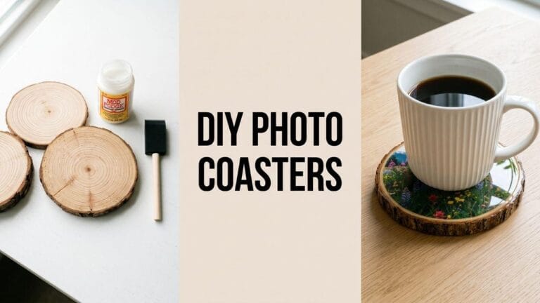 A wide 16:9 lifestyle blog banner showing raw wood slices and craft glue on the left, a coffee mug on a photo coaster on the right, and a beige text box reading DIY PHOTO COASTERS.