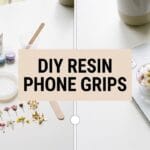 A wide 16:9 split-screen showing raw resin craft supplies on the left and a finished phone grip on the right, with a beige text box reading DIY RESIN PHONE GRIPS in the center.