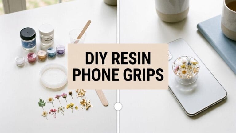 A wide 16:9 split-screen showing raw resin craft supplies on the left and a finished phone grip on the right, with a beige text box reading DIY RESIN PHONE GRIPS in the center.