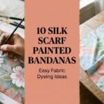A wide three-panel blog banner showing a close-up of a hand painting a floral silk bandana on the left, a watercolor silk bandana on the right, and a terracotta center block with typography reading 10 SILK SCARF PAINTED BANDANAS.