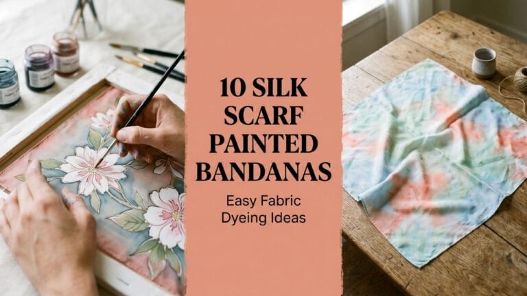 A wide three-panel blog banner showing a close-up of a hand painting a floral silk bandana on the left, a watercolor silk bandana on the right, and a terracotta center block with typography reading 10 SILK SCARF PAINTED BANDANAS.