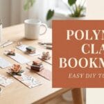 Handmade clay bookmarks spread on an oak table with a terracotta text overlay reading POLYMER CLAY BOOKMARK.