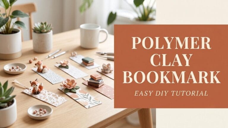 Handmade clay bookmarks spread on an oak table with a terracotta text overlay reading POLYMER CLAY BOOKMARK.