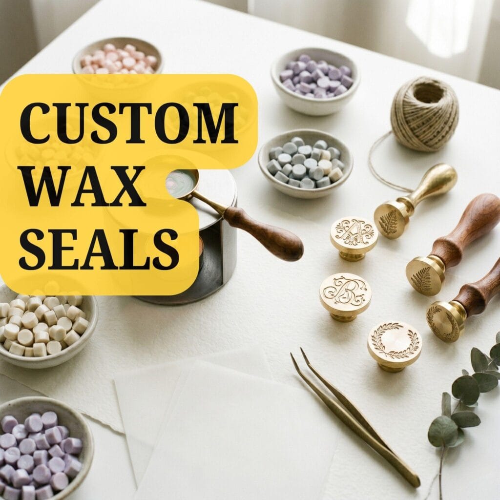 A clean studio flat lay of crafting supplies for custom wax seals, including a melting furnace, a brass spoon, pastel wax beads, and stamps.