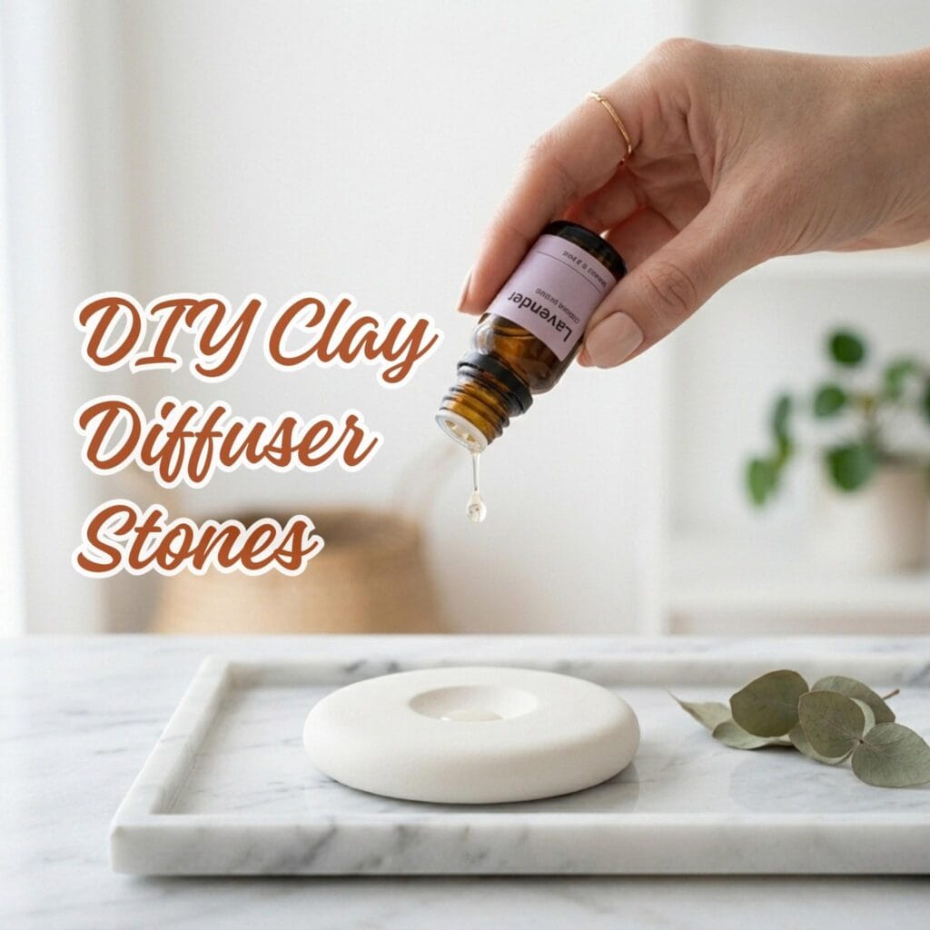 Dropping essential oil onto a minimalist white air-dry clay diffuser stone on a marble surface.