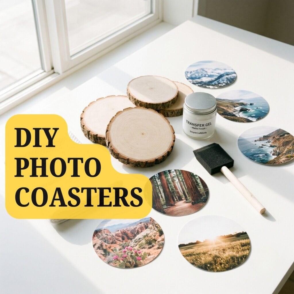 A bright studio flat lay desk scattered with blank wood slices, a jar of Mod Podge, a black foam craft brush, and circular-cut laser printed photos.