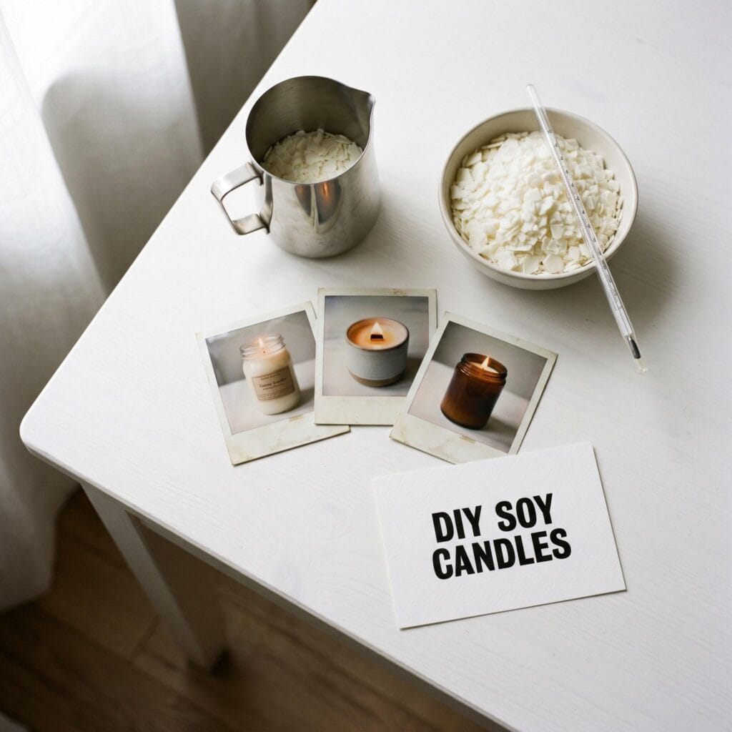 A top-down view of a white table with wax flakes, a thermometer, a pouring pitcher, and three vintage polaroid photos of finished soy candles.