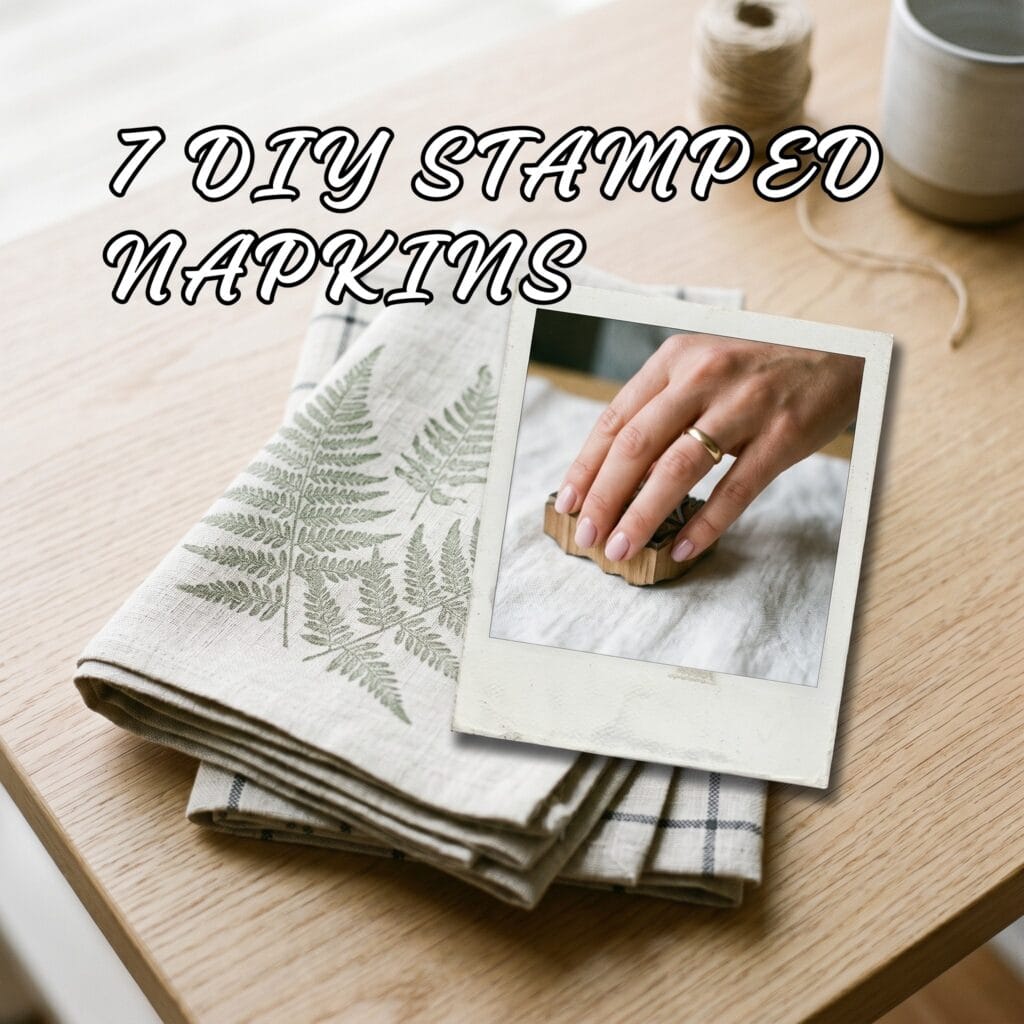 A square blog graphic with clean typography reading CUSTOM LINENS showcasing a stacked pile of handmade geometric and botanical cloth napkins with a vintage polaroid process photo resting on top