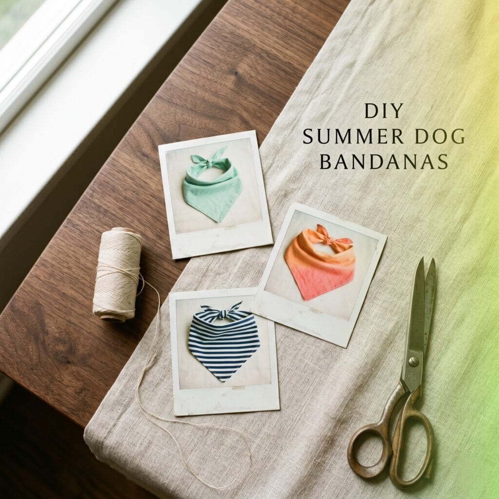 A top-down lifestyle photo on a dark walnut table showing fabric scissors, a thread spool, and three vintage polaroid photos displaying finished handmade summer dog bandanas with minimalist black typography reading DIY SUMMER DOG BANDANAS.