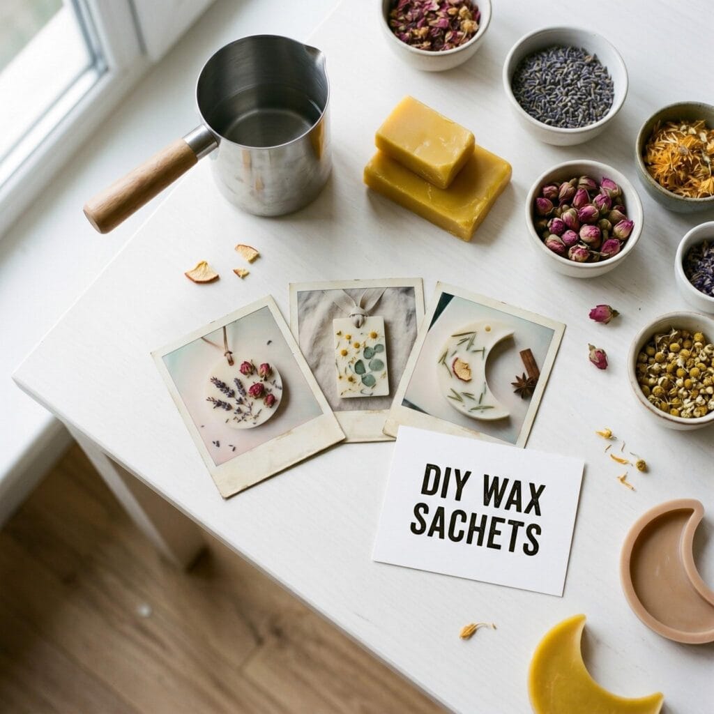A high-angle overhead view of a white table with a metal pitcher, beeswax blocks, dried flowers, and polaroids of finished wax sachets.