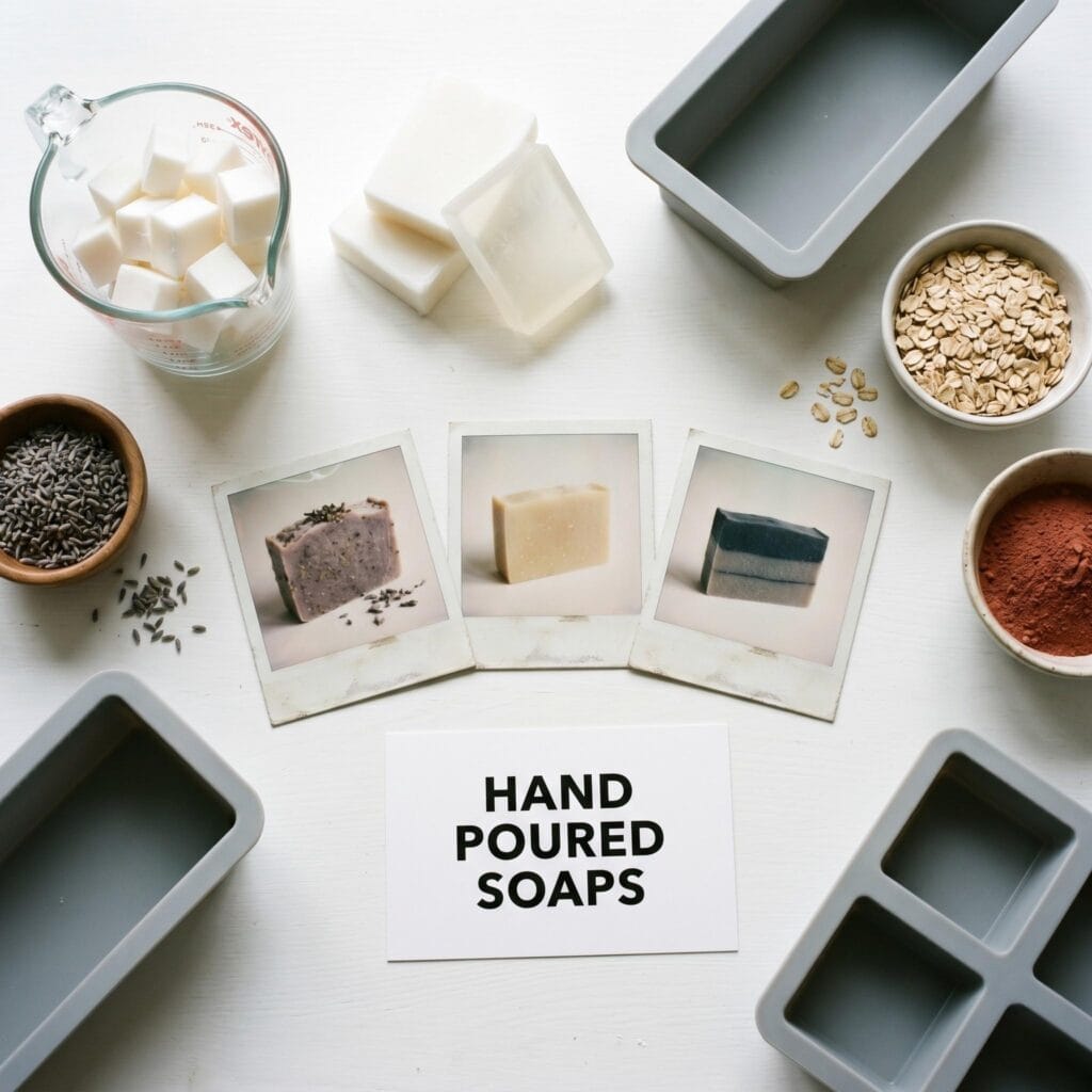 A high-angle overhead view of a white table with soap cubes, glass measuring cups, botanical powders, and polaroids of finished handmade soaps.