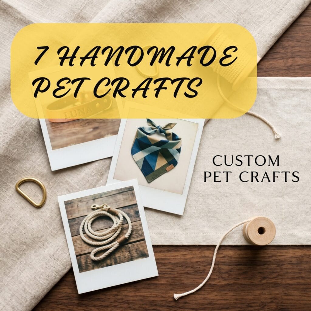 A flat lay of handmade pet accessories on a linen runner with a yellow text bubble reading 7 HANDMADE PET CRAFTS and three vintage polaroid photos showing a leather collar, a dog bandana, and a rope leash.