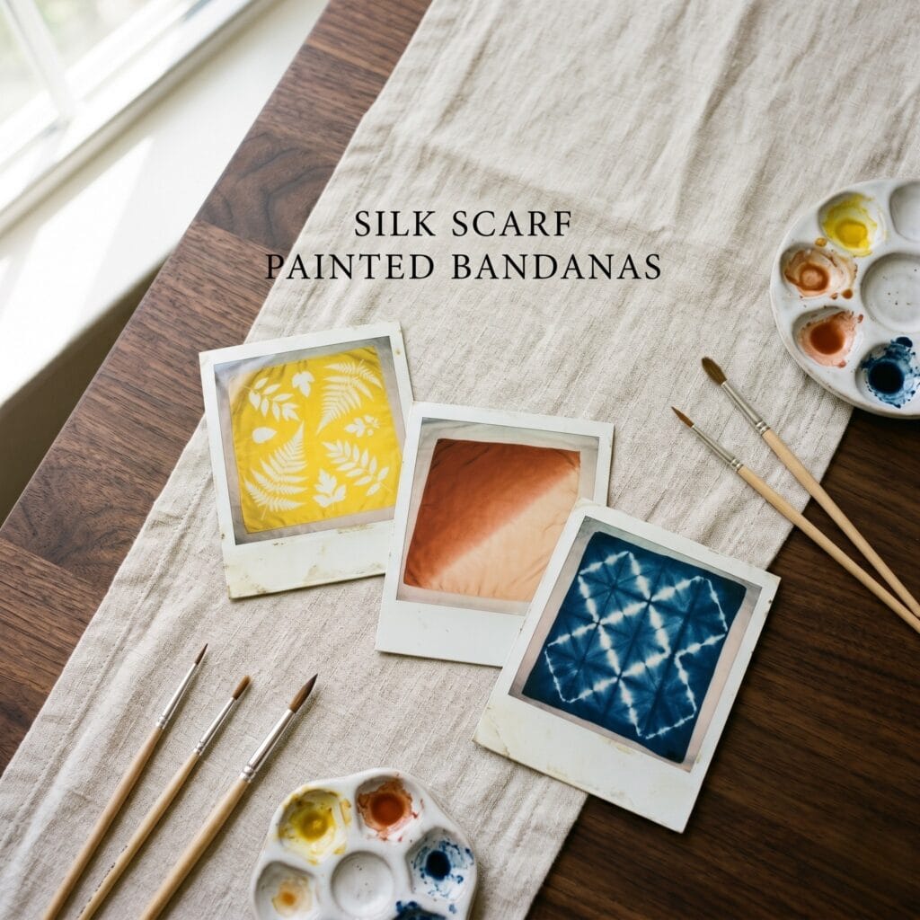 A top-down photo on a walnut table with paintbrushes and a ceramic palette showing three vintage polaroid photos of finished handmade sun-printed, ombre, and shibori silk bandanas with typography reading SILK SCARF PAINTED BANDANAS.