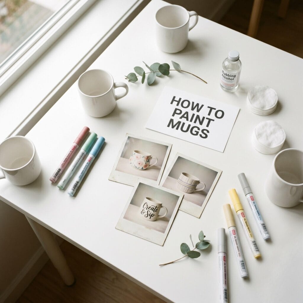 A high-angle studio view of a white table with blank mugs, paint markers, and polaroids of finished painted mugs.