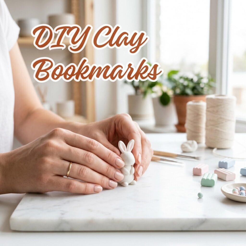 Well-groomed hands with nude nail polish gently shaping white polymer clay on a pristine marble counter.