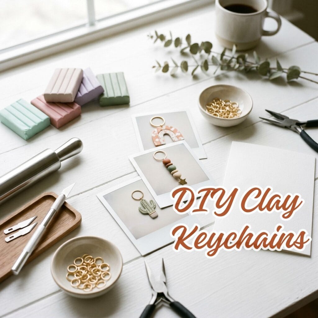 A high-angle studio view of a white table with pastel clay blocks, rolling pins, blades, and polaroids of finished clay keychains.