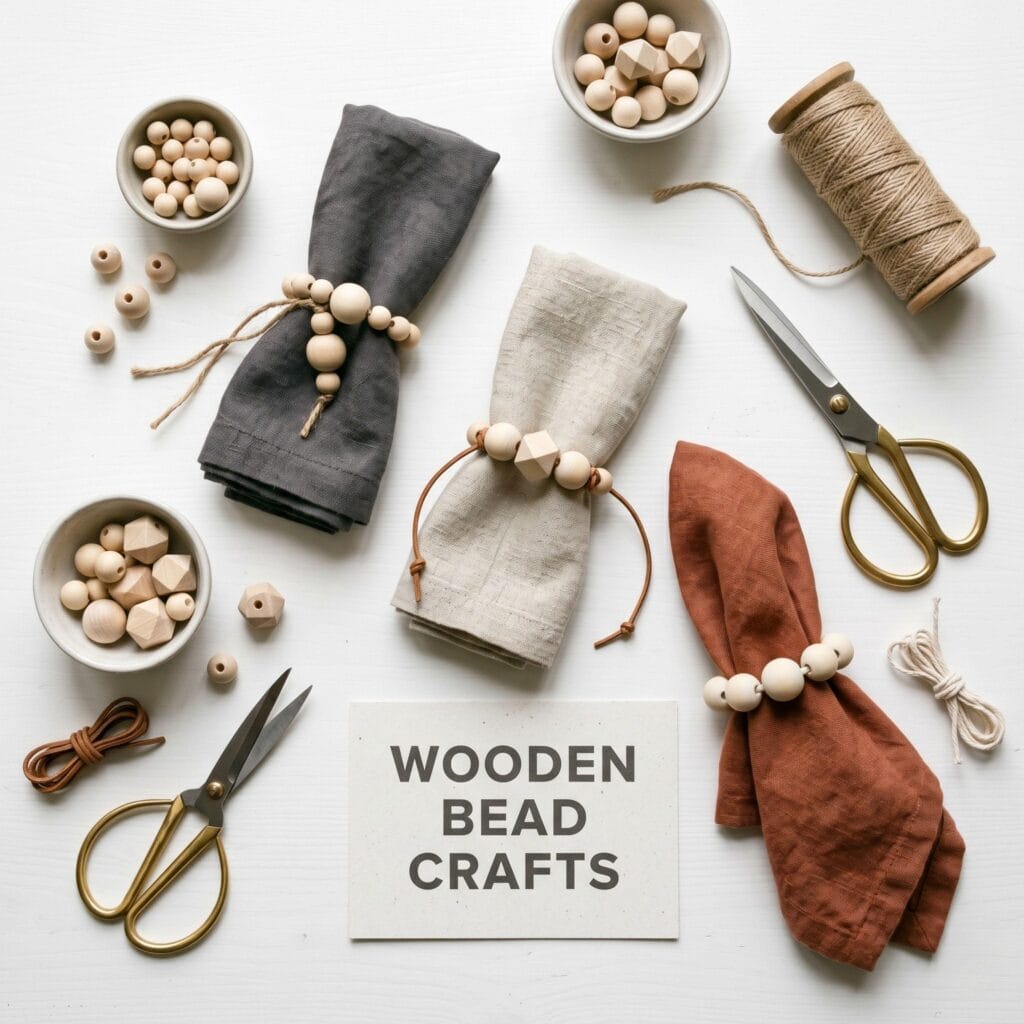 A clean sophisticated high-angle view of a white studio table scattered with loose wooden beads in small ceramic bowls, jute twine, and three finished napkin rings.