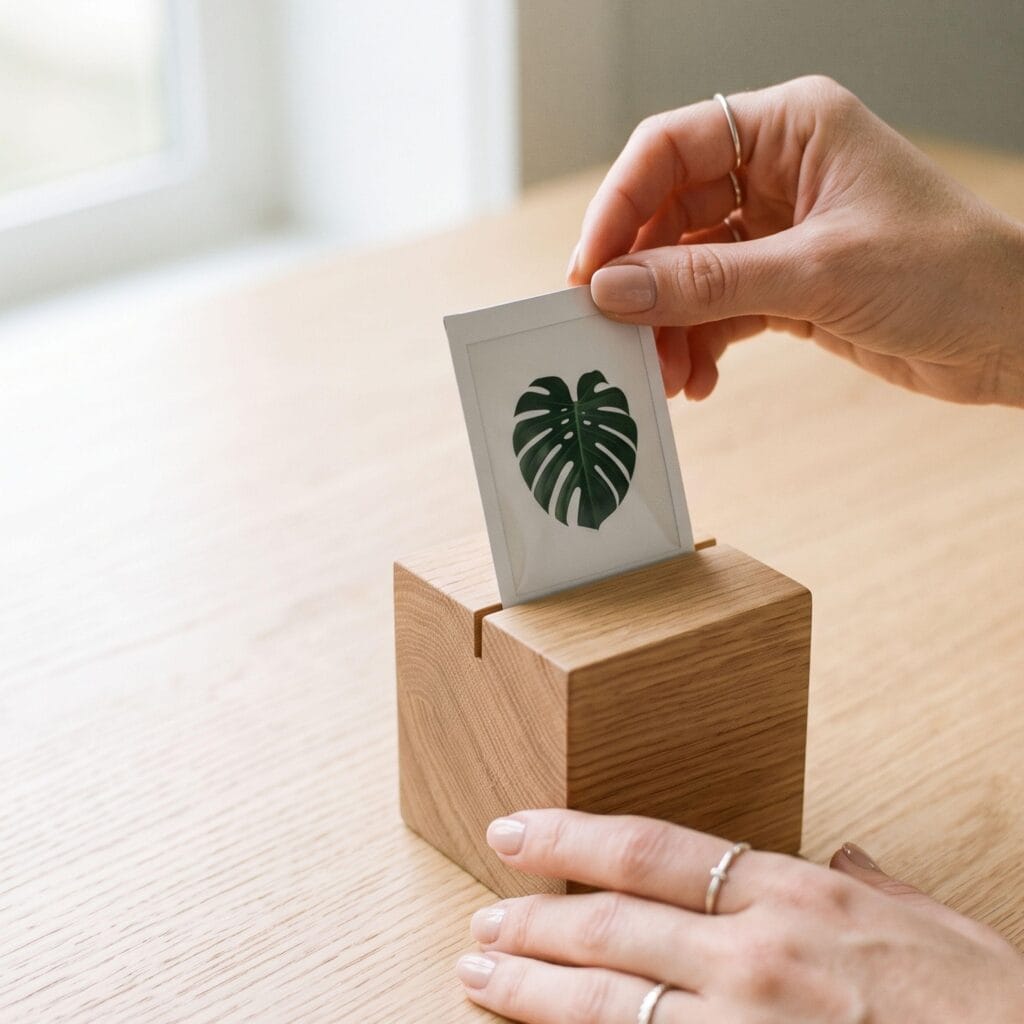 A close-up of a finished minimalist square scrap wood photo holder displaying a vintage polaroid with a botanical green leaf print on a bright oak desk.