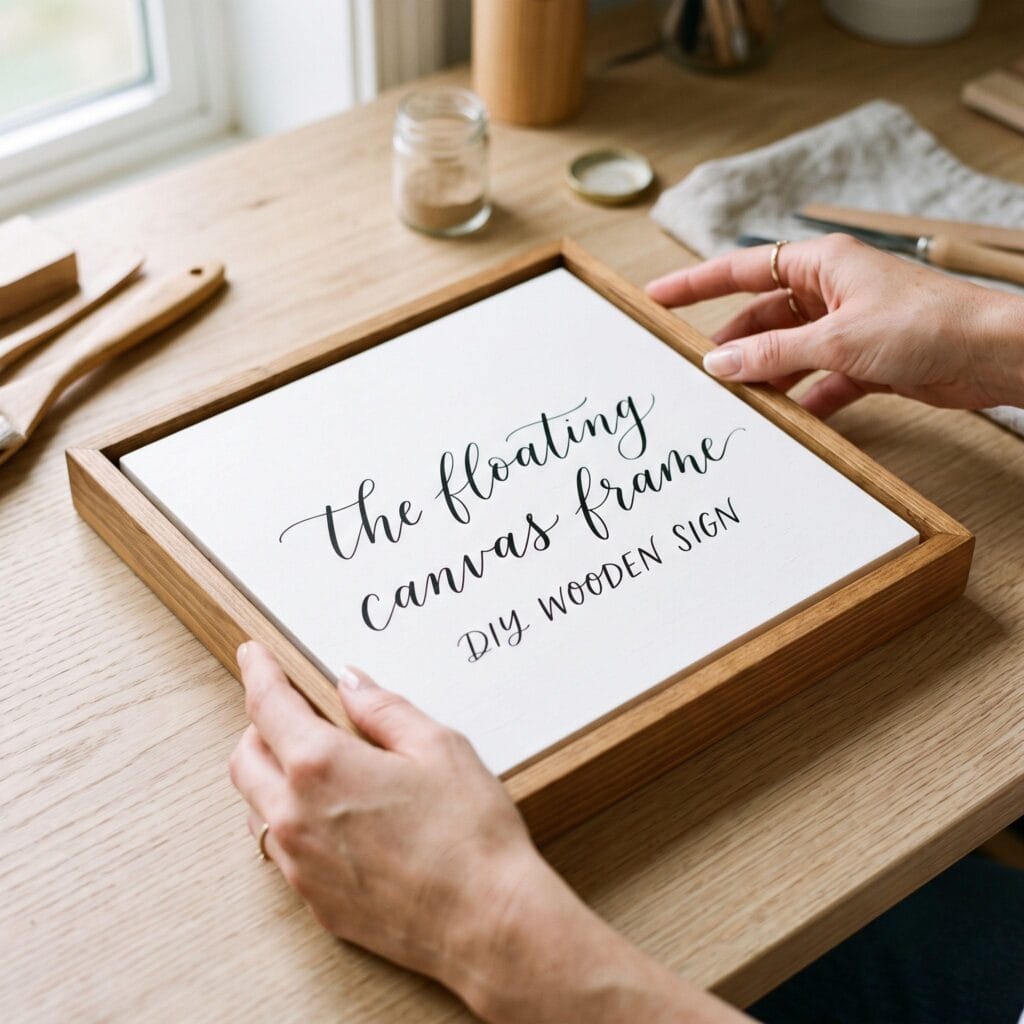 A close-up of a minimalist chalk-white DIY wooden sign with black calligraphy, framed beautifully with warm-oak pine strips on a bright desk.