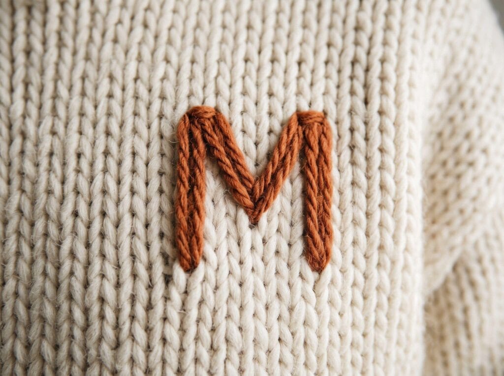 Minimalist terracotta duplicate stitch initial embroidered on a cream knit sweater