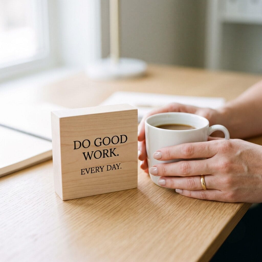 A tiny, smooth 4x4 inch DIY wooden sign cube with a small elegant motivational quote, placed neatly on a minimalist oak home office desk.