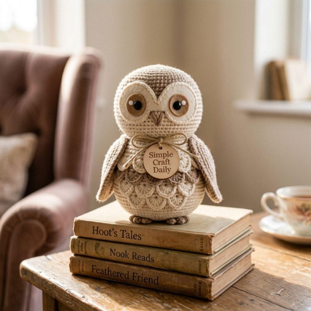 A beginner-friendly crochet owl standing on stacked books.