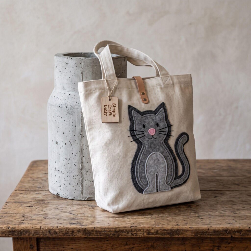 A canvas tote bag featuring a dimensional layered felt cat silhouette.