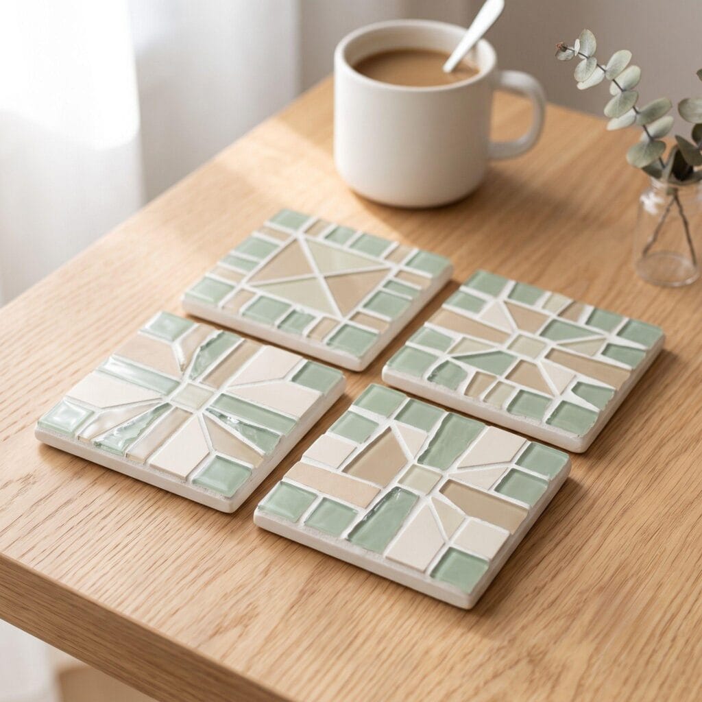 A set of square handmade mosaic coasters featuring small glass tiles in soft sage green and beige.