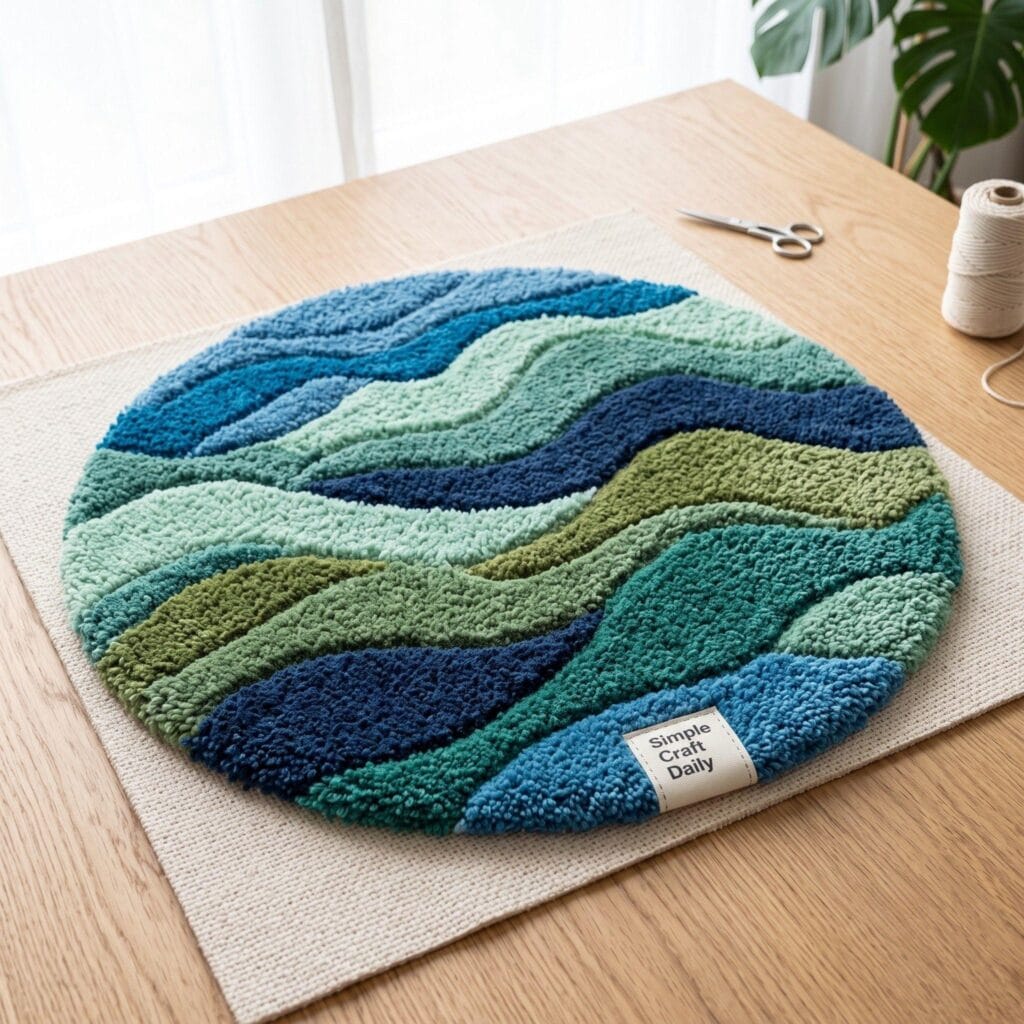 A wavy line landscape tufted rug showing overlapping waves in blue and green.