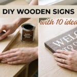 A split-screen showing the before and after process of making DIY wooden signs, from sanding raw pine to a beautifully finished lettered rustic sign.
