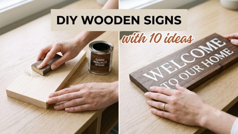 A split-screen showing the before and after process of making DIY wooden signs, from sanding raw pine to a beautifully finished lettered rustic sign.