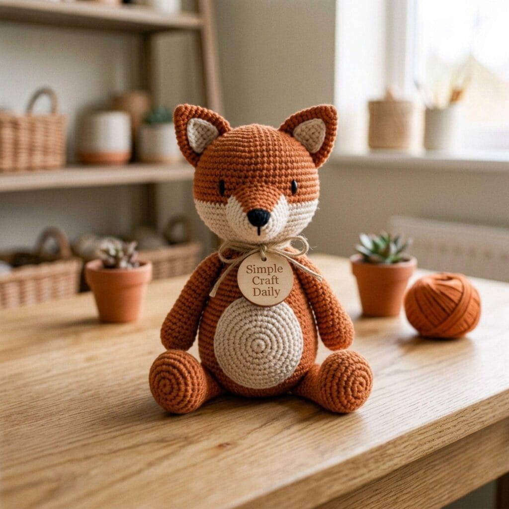 A crochet amigurumi fox with a pointed snout and triangular ears sitting on a wooden table.