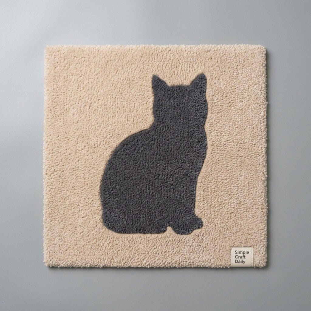 A minimalist animal silhouette tufted rug showing a charcoal gray cat on a beige background.