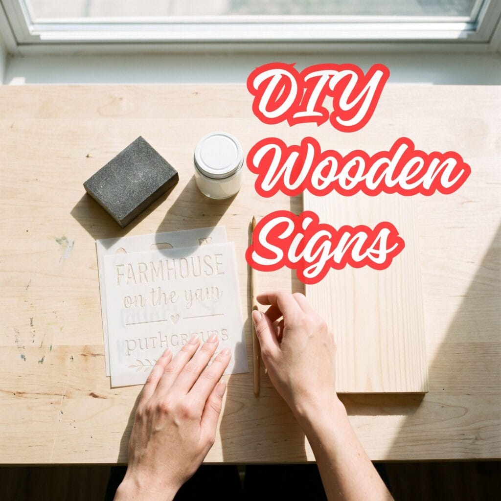 An overhead flat lay of crafting supplies for DIY wooden signs, including raw pine planks, sandpaper, stain, and stencils on a bright wooden desk.
