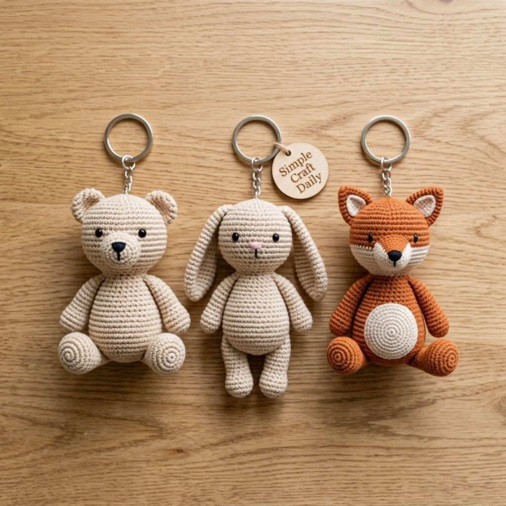 A set of three mini amigurumi keychains including a bear, bunny, and fox resting on a light oak background.