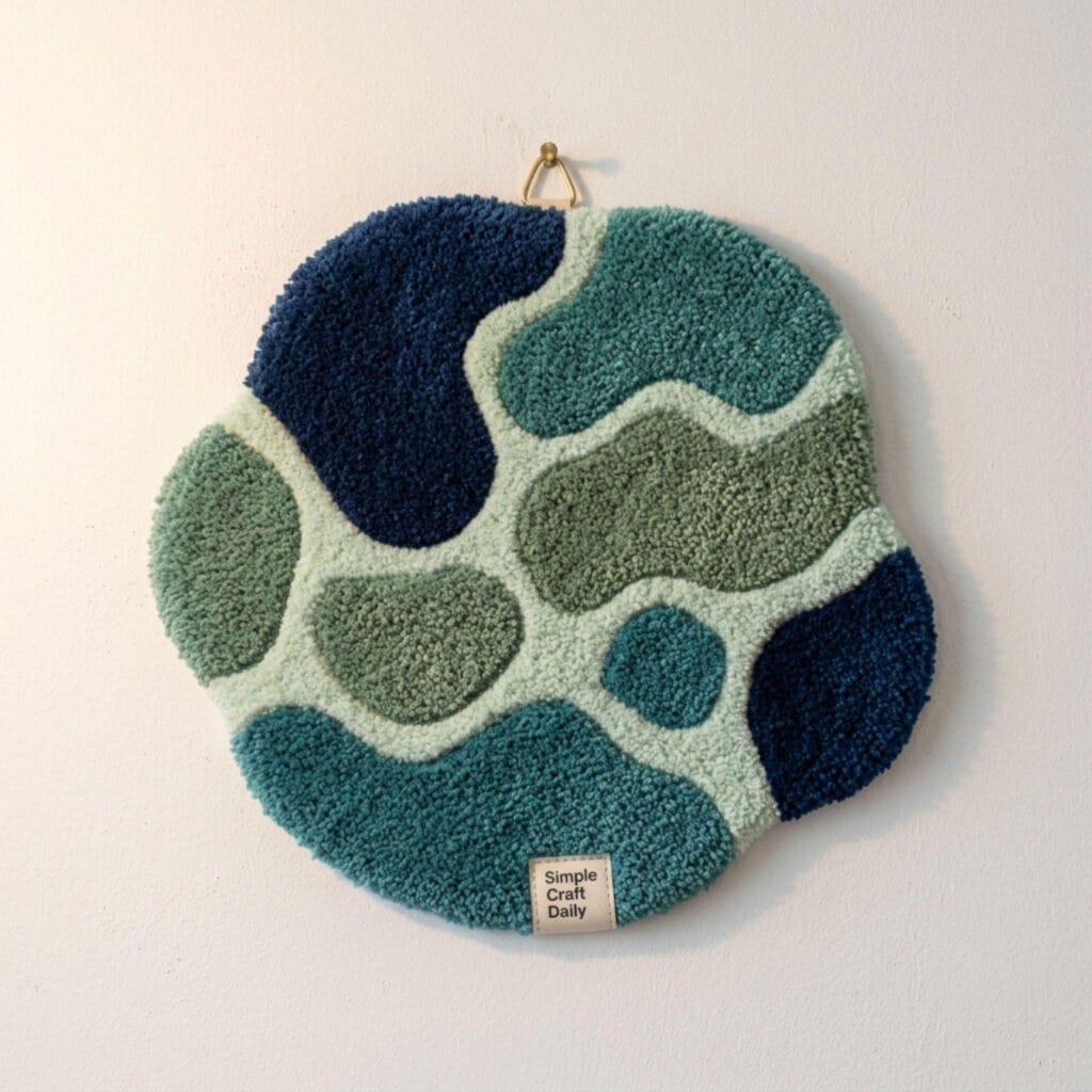 A small, dinner-plate-sized geometric tufted wall hanging mounted on a white wall.