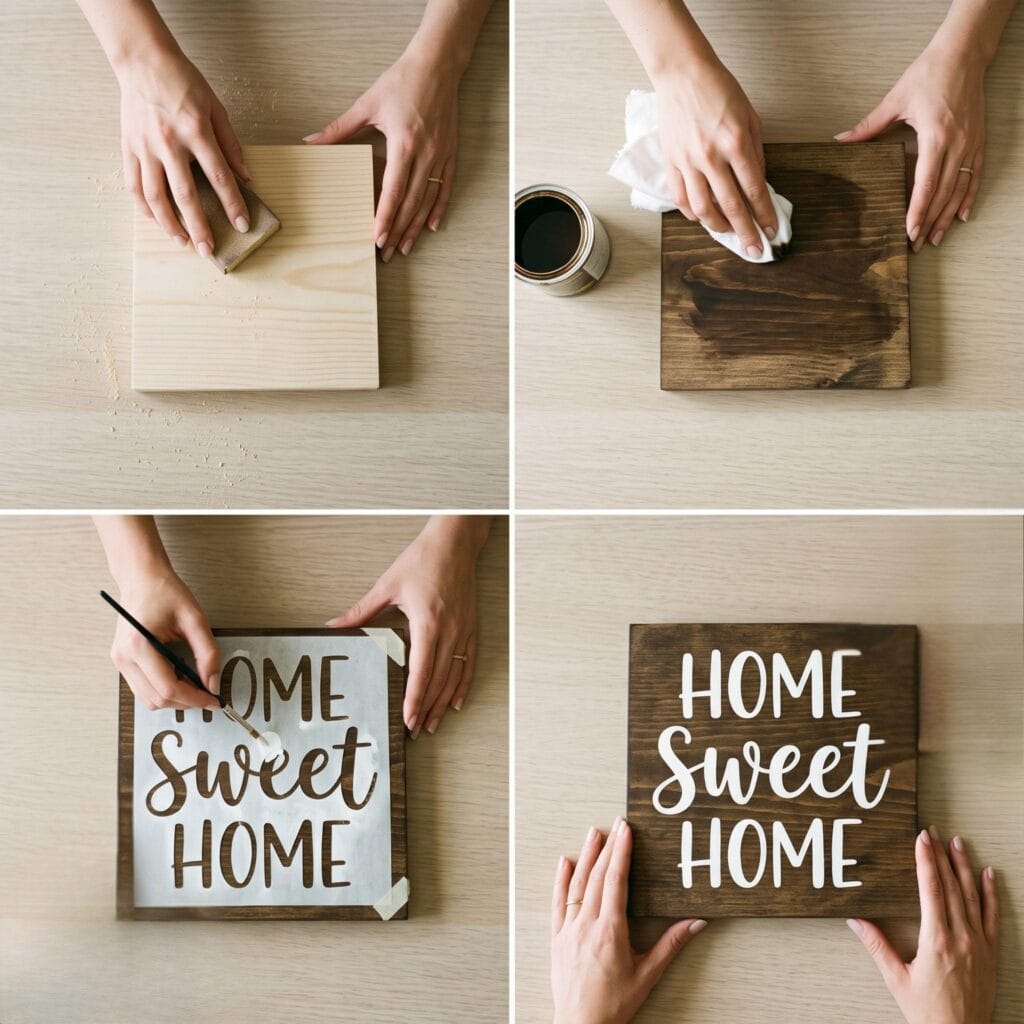 A 4-panel visual guide showing the seamless process of making DIY wooden signs: sanding, staining, stenciling, and displaying the finished rustic project.