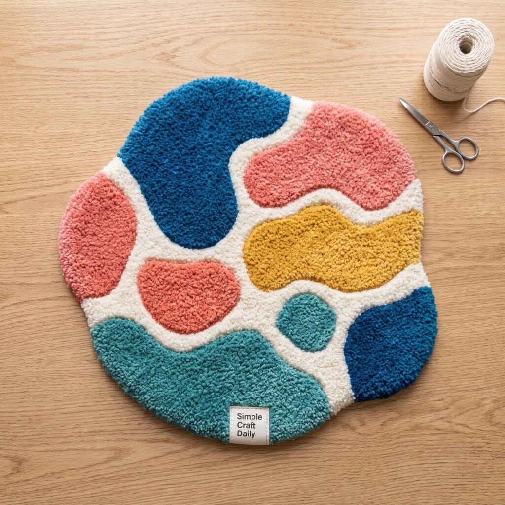 A fluffy abstract blob shape tufted rug with vibrant colors on a light oak desk.
