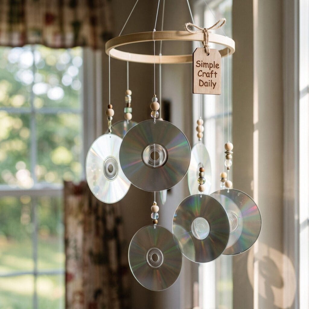 Perfectly flat and circular old CDs hanging as wind chimes near a window.