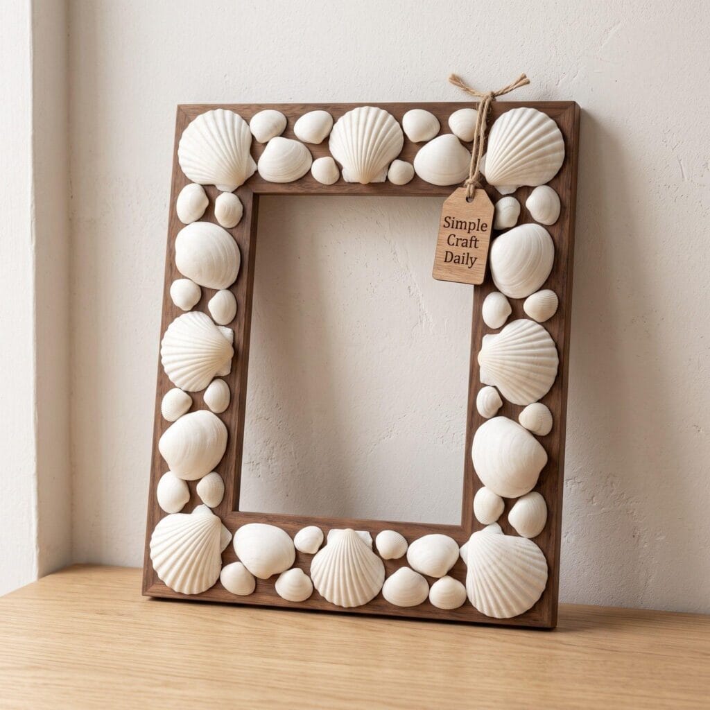 Classic border seashell picture frame leaning on a plaster wall.