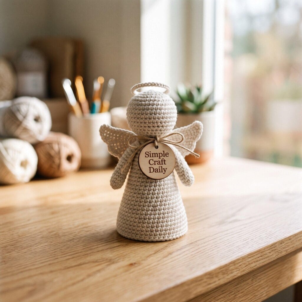 Handmade crochet classic cone-body angel ornament resting on a light oak table.