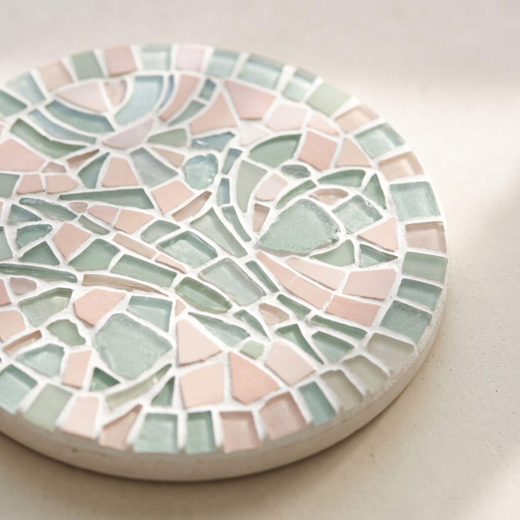 Close-up of a finished mosaic stepping stone featuring colorful ceramic shards on a smooth concrete background.