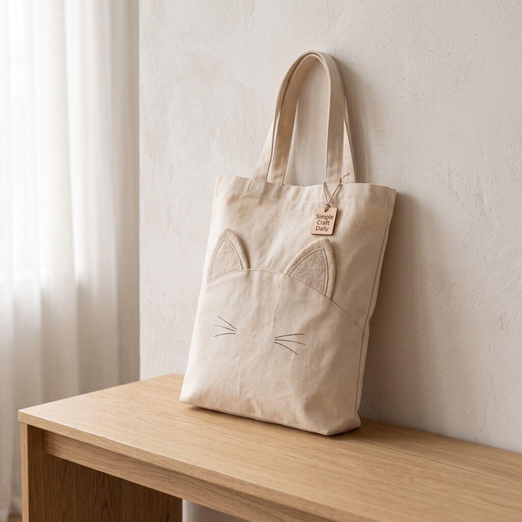 A plain canvas tote bag with white felt cat ears attached to the top seam, leaning against a wall.