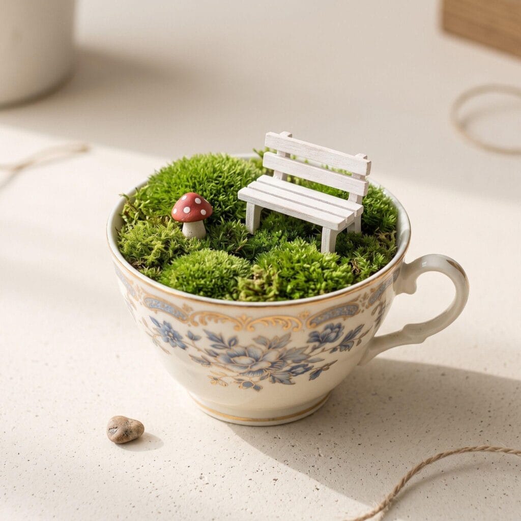 Close-up of a vintage teacup fairy garden with lush moss and a miniature wooden bench.
