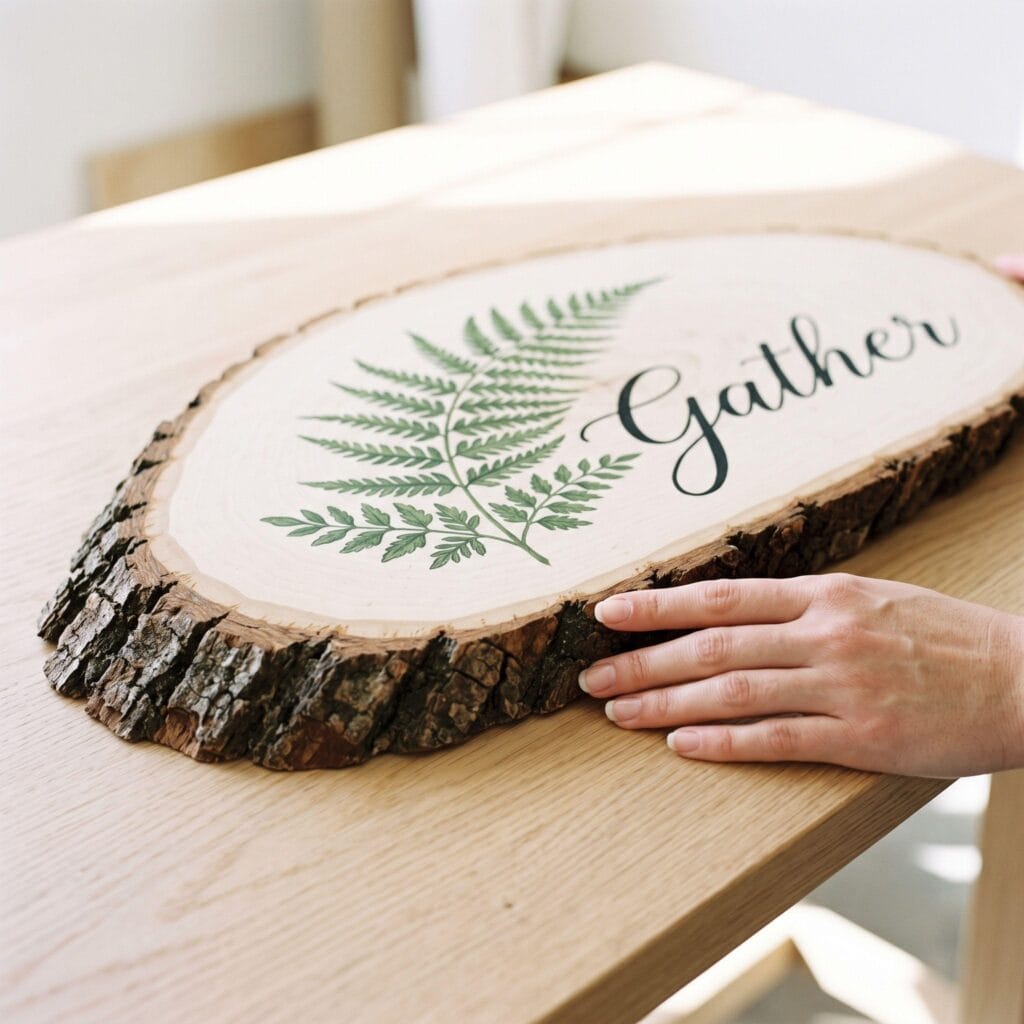 A rustic DIY wooden sign made from a raw edge wood slice, featuring a hand-painted green botanical fern and the word Gather in black script.