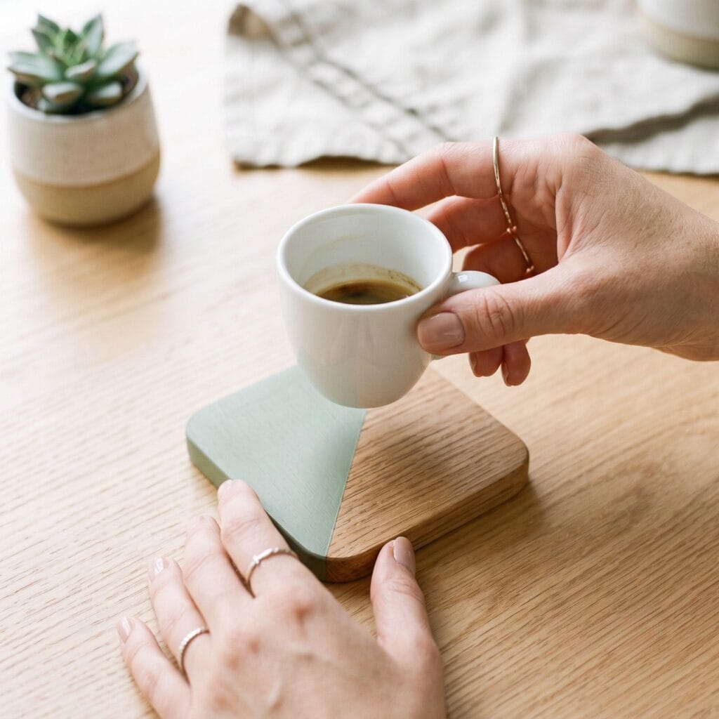 A finished modern rustic square scrap wood coaster painted diagonally in half matte sage green and half natural wood grain, with a white espresso cup on top.