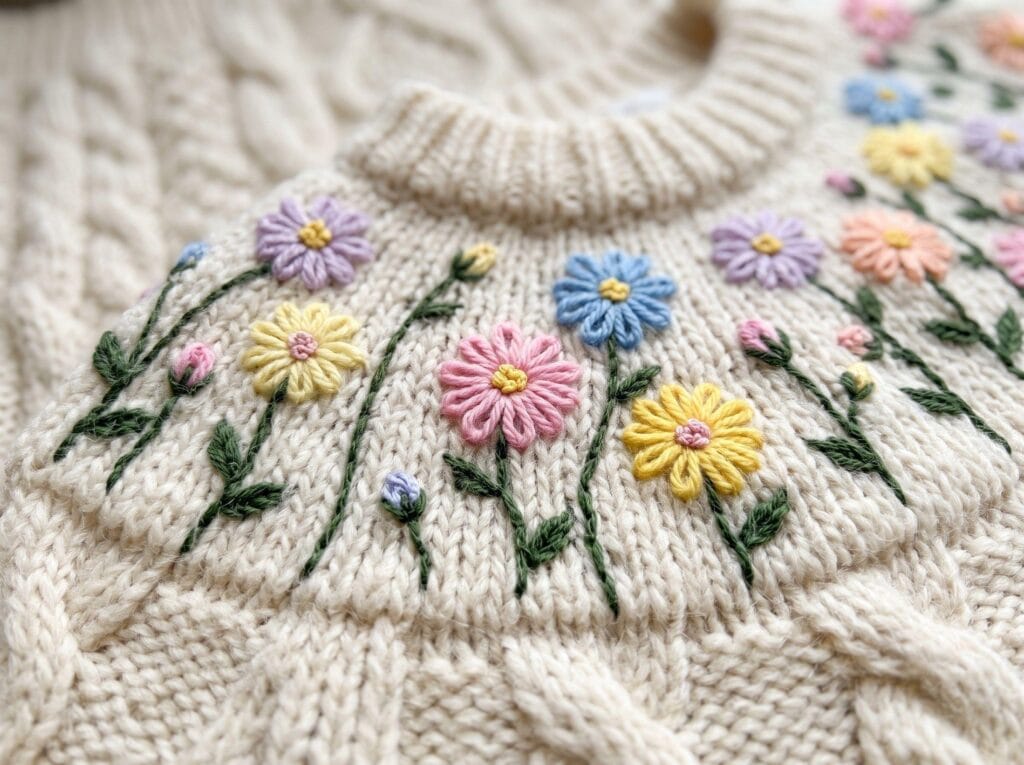 Colorful lazy daisy embroidered flowers on a chunky knit sweater yoke