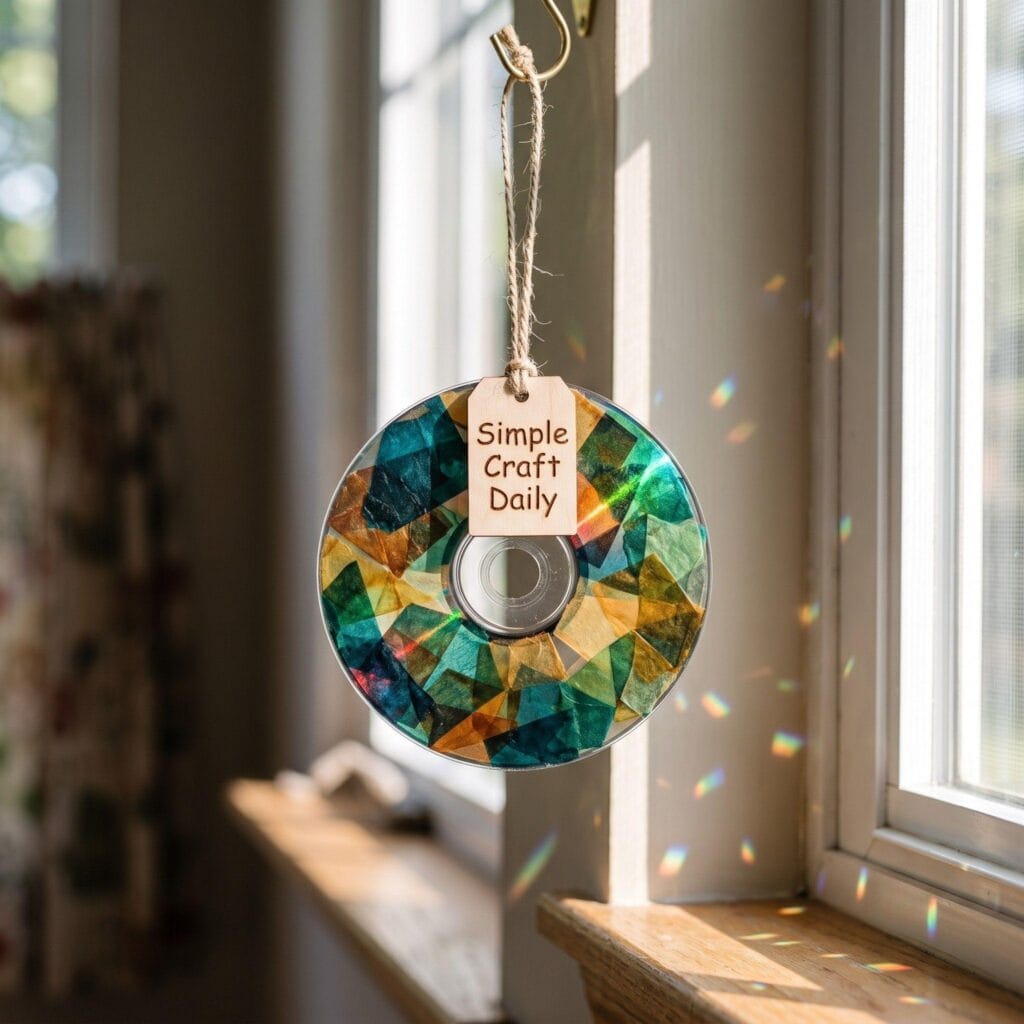 A flat circular CD sun catcher decorated with tissue paper hanging in a window.
